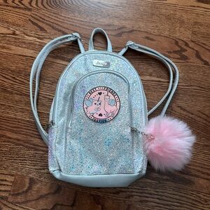 Justice Silver Glitter Backpack Bag with Pink Pom Pom & Two Pockets for Storage